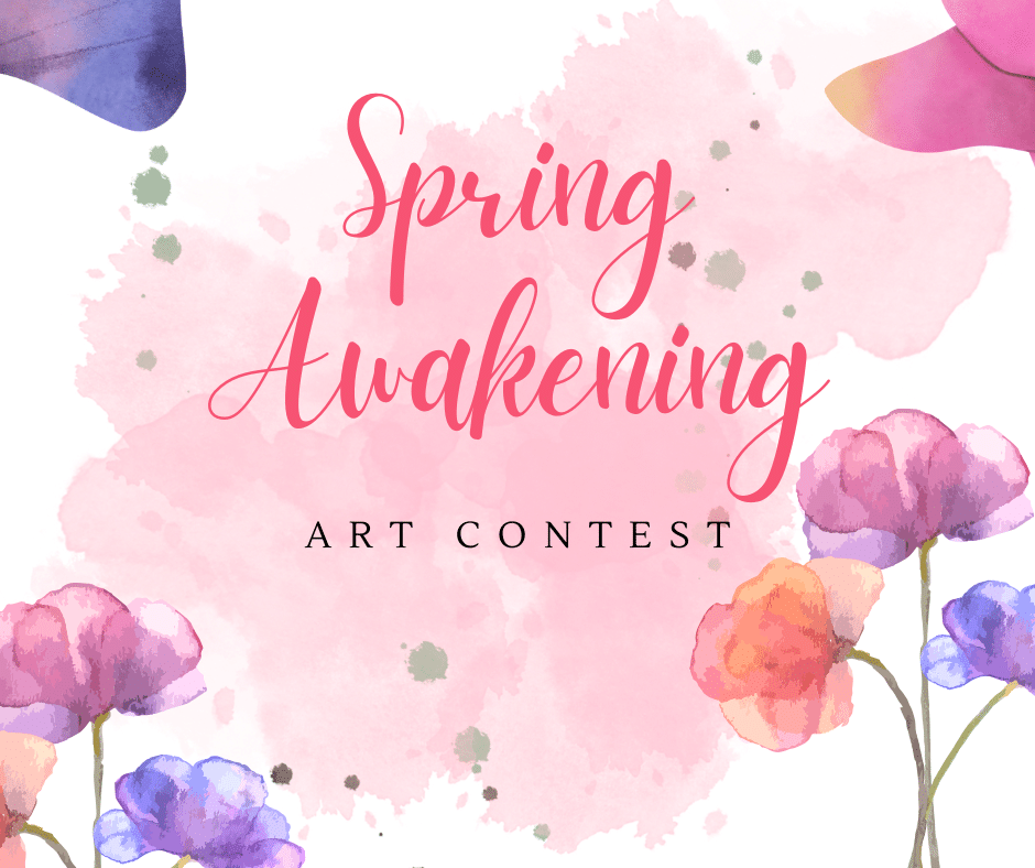 Pink tie dye background with purple and orange florals around the edge. Text reads "Spring Awakening Art Contest"