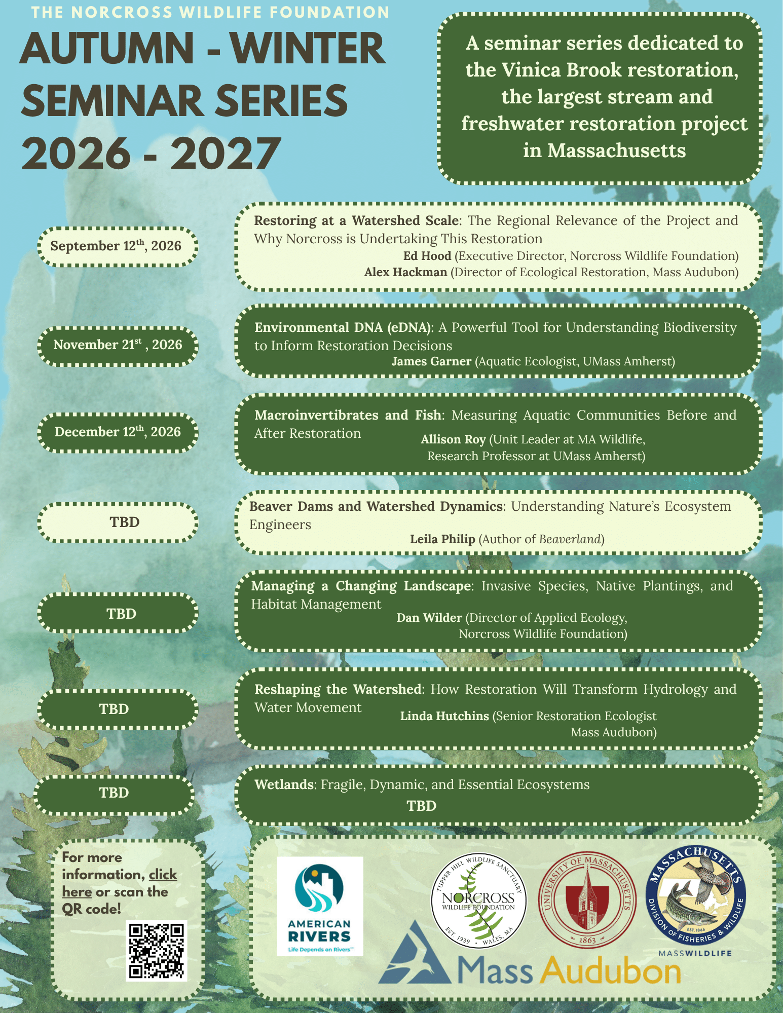 Norcross Wildlife Foundation Autumn - Winter Seminar Series 2026-2027 flyer, featuring talks on the Vinica Brook restoration project